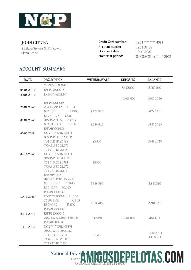 Exemplo de declaração do Banco Nacional de Desenvolvimento de Serra Leoa